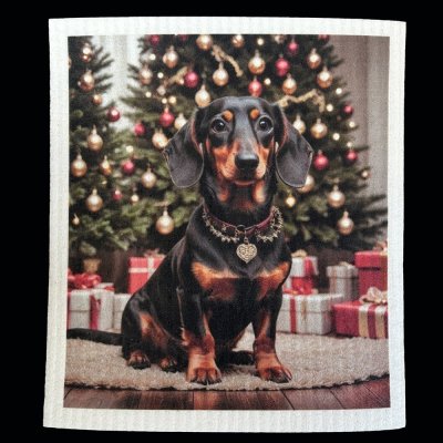 disktrasa med motiv av en tax framför julgranen