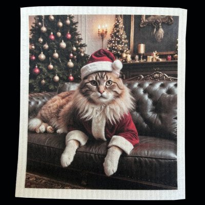 disktrasa med motiv av en röd katt i soffan julgran